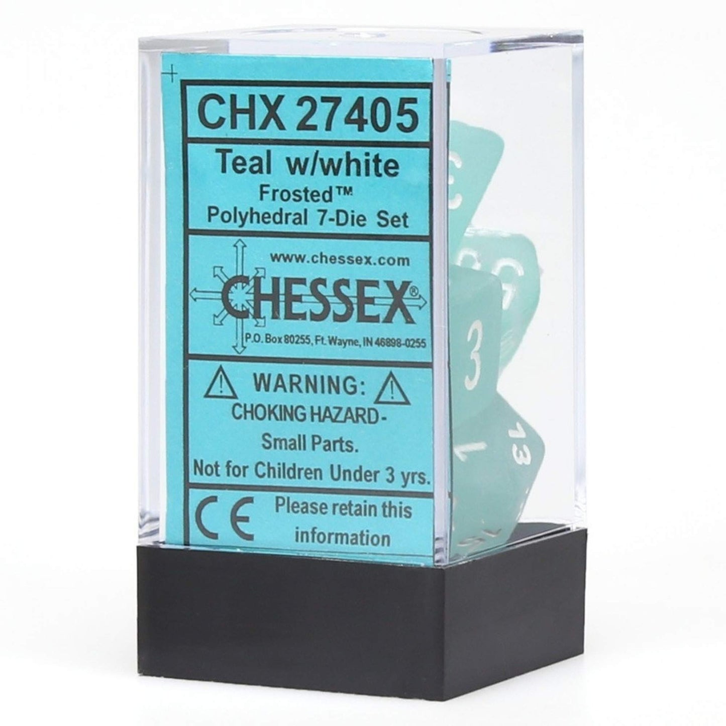 Chessex Manufacturing 27405 Cube Set Of 7 Dice - Frosted Teal With White Numbering