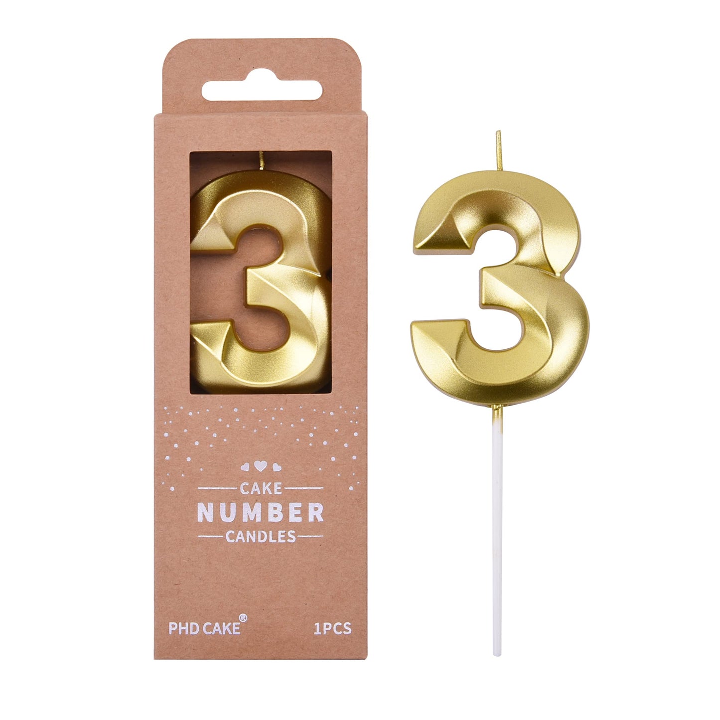 PHD CAKE 2.76 Inch Diamond Gold 3 Number Birthday Candles, Gold Number Candles, Cake Number Candles, Party Celebration
