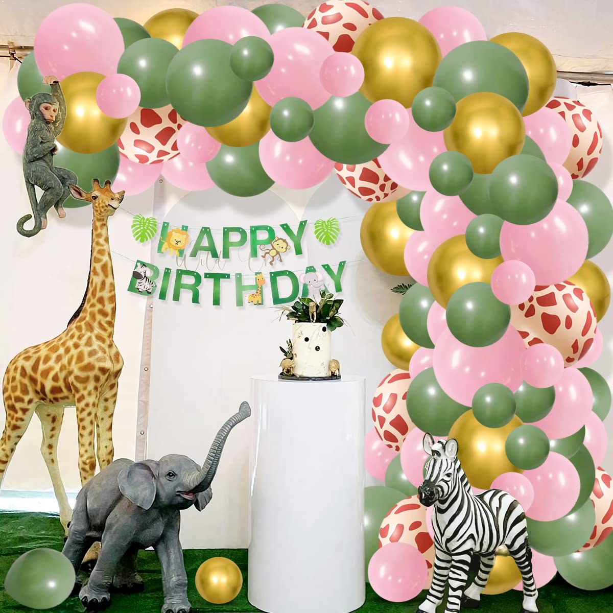 Sage Green And Pink Balloon Garland Arch Kit, 122Pcs Pink Sage Green Metallic Gold Balloons Leopard Print Balloons For Jungle Bi