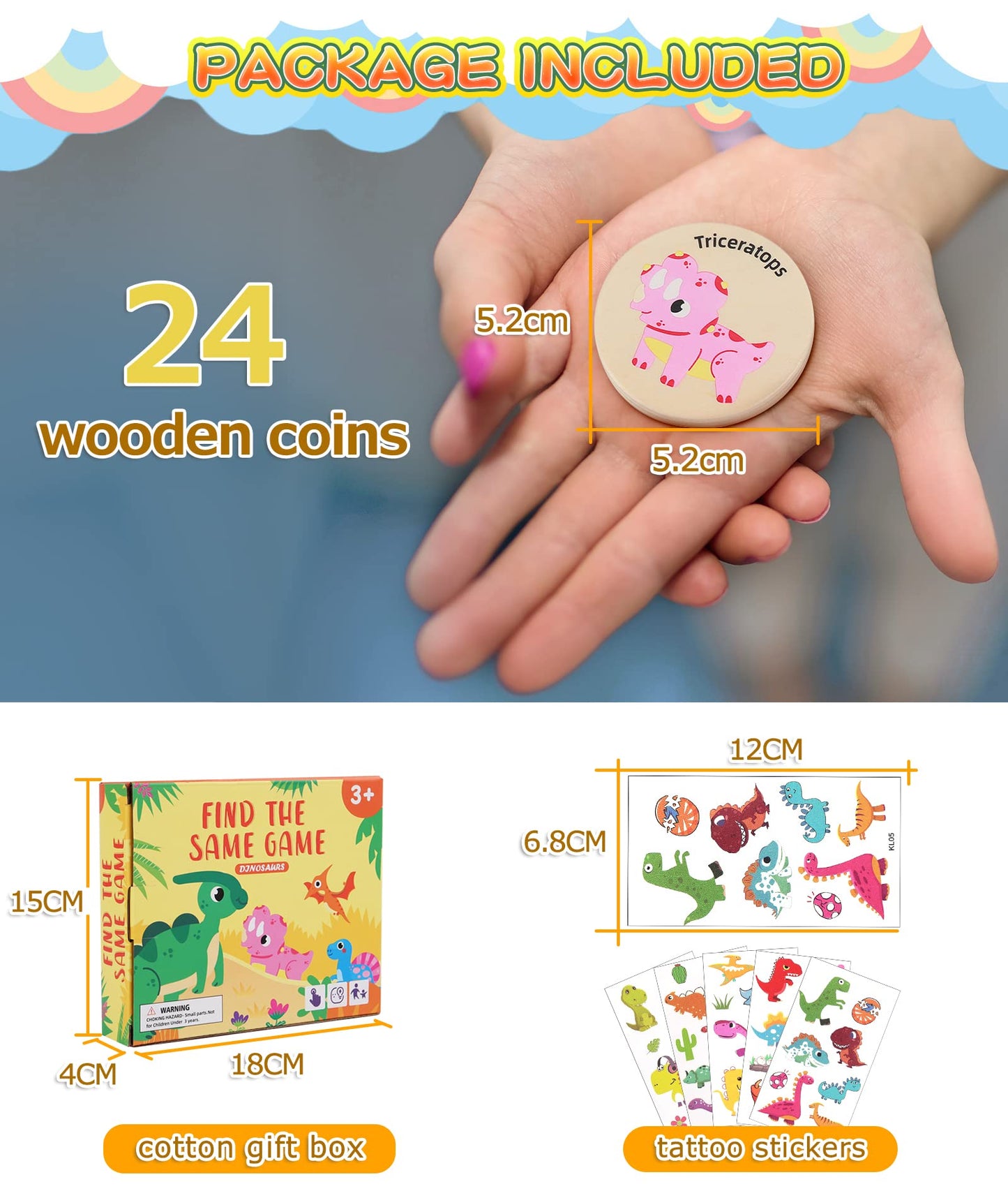 Protado Wooden Match Memory Game For Kids, 24Pc Memory Matching Cards With 5Pc Tattoo Stickers, Educational Memory Matching Game For Pre-Kindergarten Early Learning Development Kids-Dinosaur