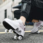 Double-Row Deform Wheel Automatic Walking Shoes Invisible Deformation Roller Skate 2 in 1 Removable Pulley Skates Skating Parkour (White Black Powder  US 10.5)
