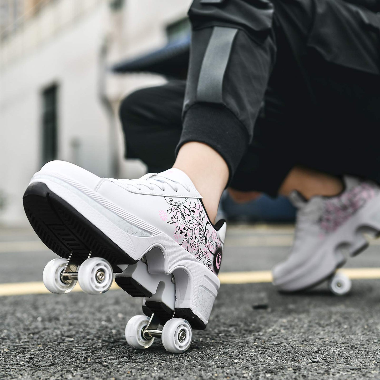 Double-Row Deform Wheel Automatic Walking Shoes Invisible Deformation Roller Skate 2 in 1 Removable Pulley Skates Skating Parkour (White Black Powder  US 5.5)