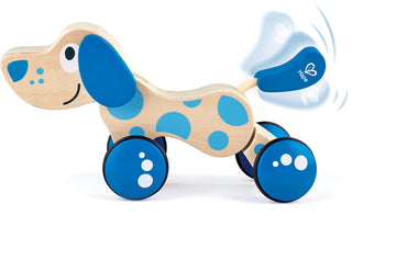 Hape Walk-A-Long Puppy Wooden Pull Toy | Push Pull Toy Puppy For Toddlers Can Sit, Stand And Roll. Rubber Rimmed Wheels For Easy Push And Pull Action, Blue