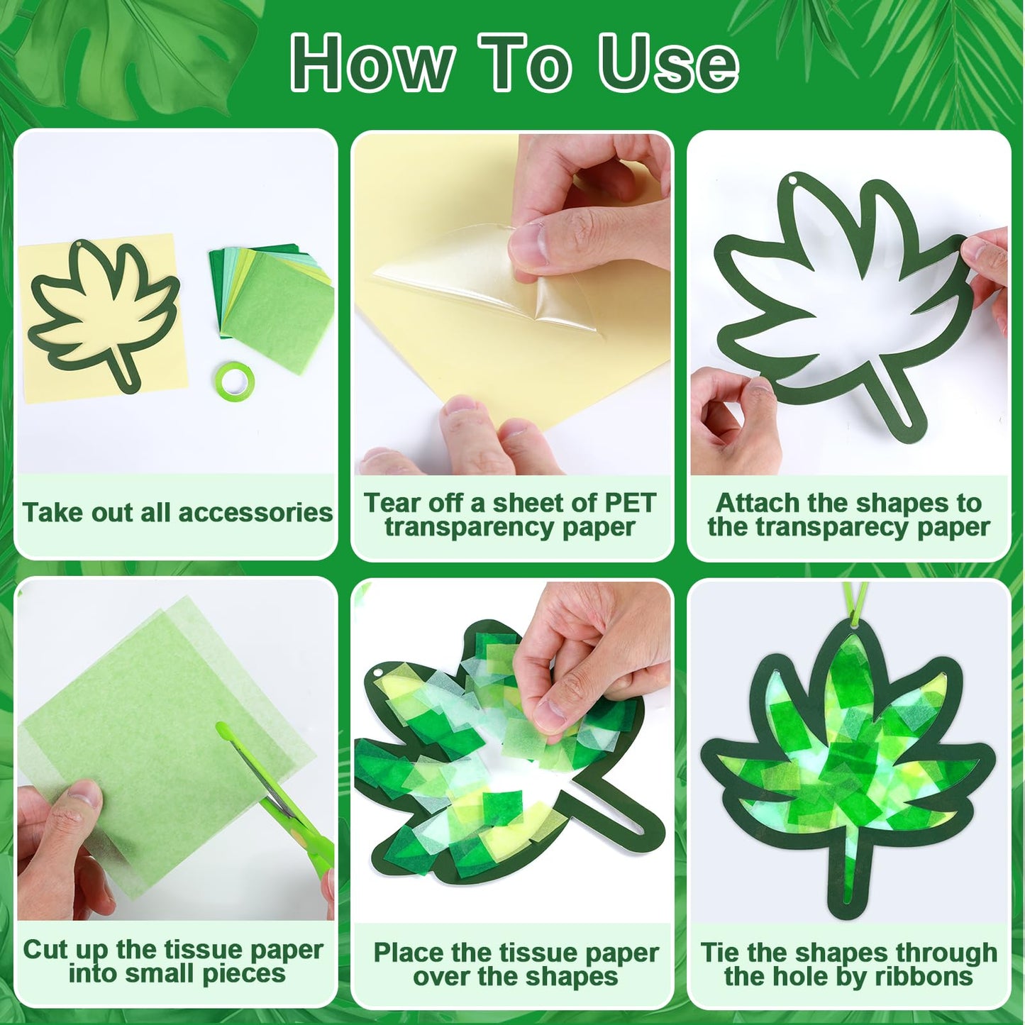 Qyeahkj 36 Set Summer Suncatchers Crafts for Kids DIY Hawaiian Palm Leaves Window Tissue Paper Crafts Kit Green Leaf Hanging Dec