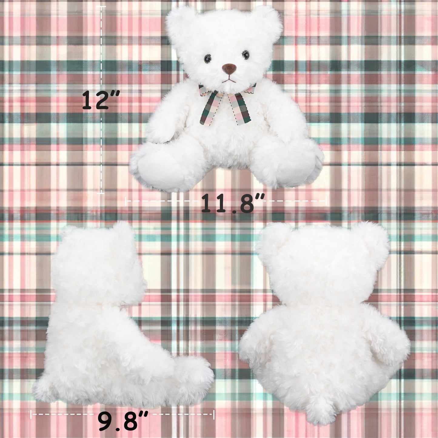 Weigedu Fluffy White Teddy Bear Stuffed Animals Plush Toys With Lattice Tie For Kids Babies Birthday Bedtime, 12 Inches