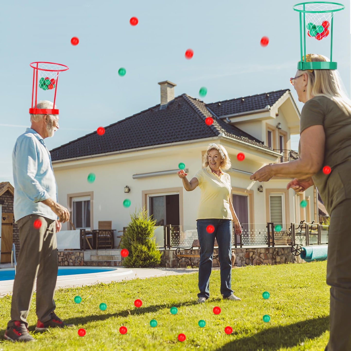 2 Pack Head Hoop Basketball Party Game For Kids And Adults Carnival Game Adjustable Basket Net Headband With 20 Balls For Carnival Party Birthday Party Family Indoor Outdoor Game (Red + Green)