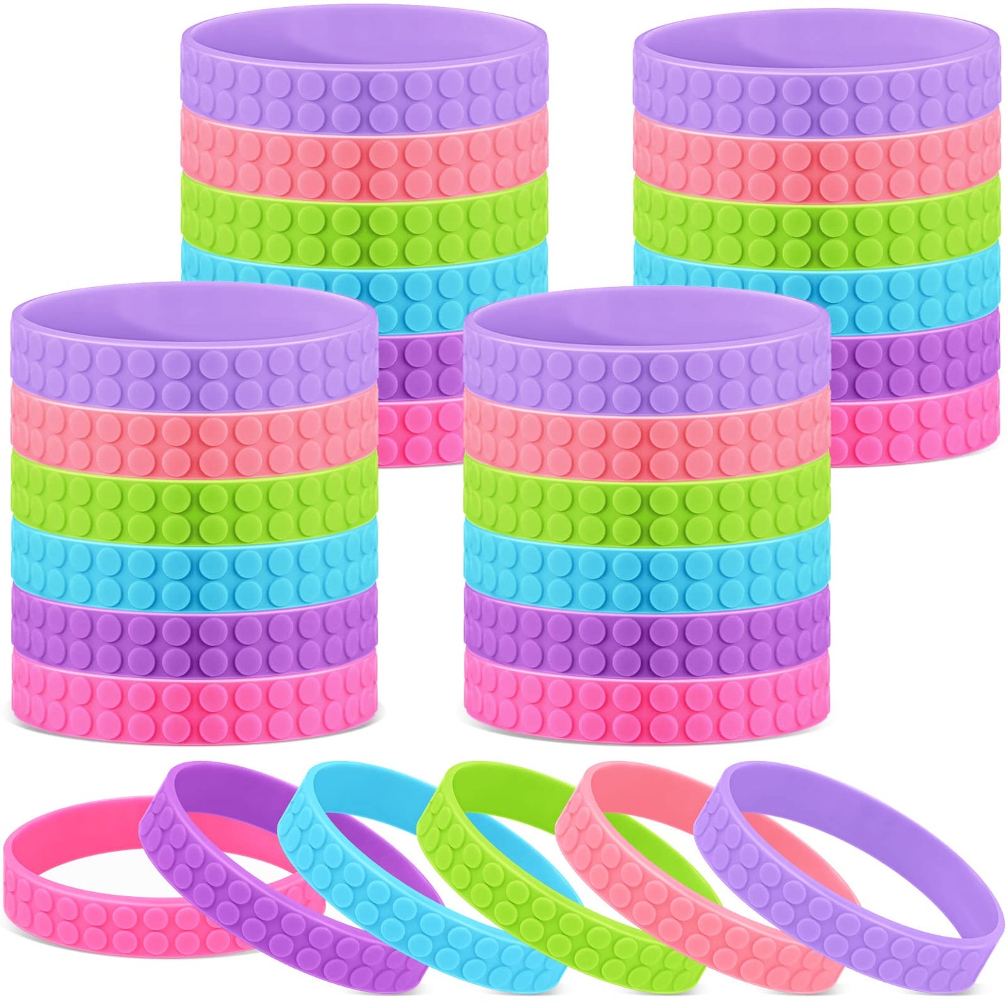 Inbagi 24 Pcs Building Block Bracelet for Kids 6 Color Silicone Wristband Rubber Bracelet Bulk Pastel Stretch Wristband for Buil