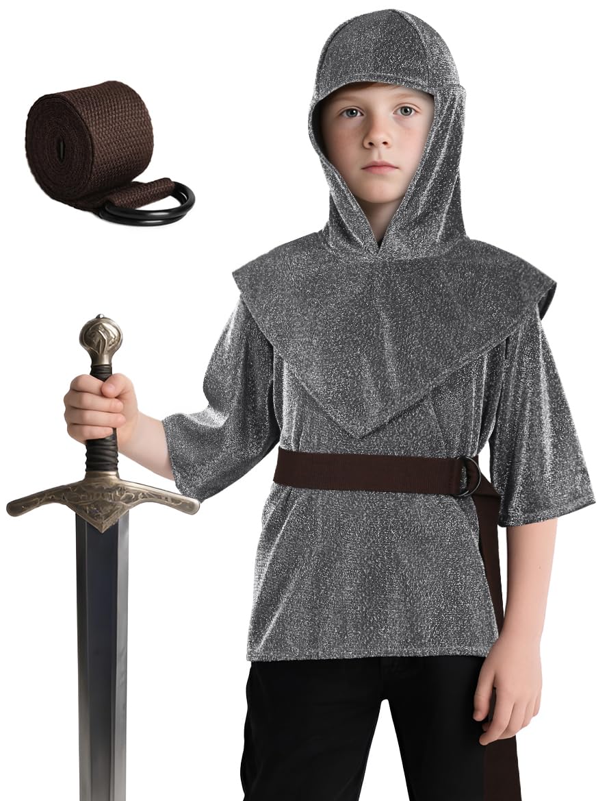 Kids Renaissance Imitative Chain Mail Shirt with Coif Medieval Knight Costume protective covering Tunic Costume Belt Set