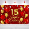 15Th Birthday Backdrop Banner Decorations Red And Gold For Boys Girls Happy 15 Years Old Bday Background Photography Party Decor Sign Supplies