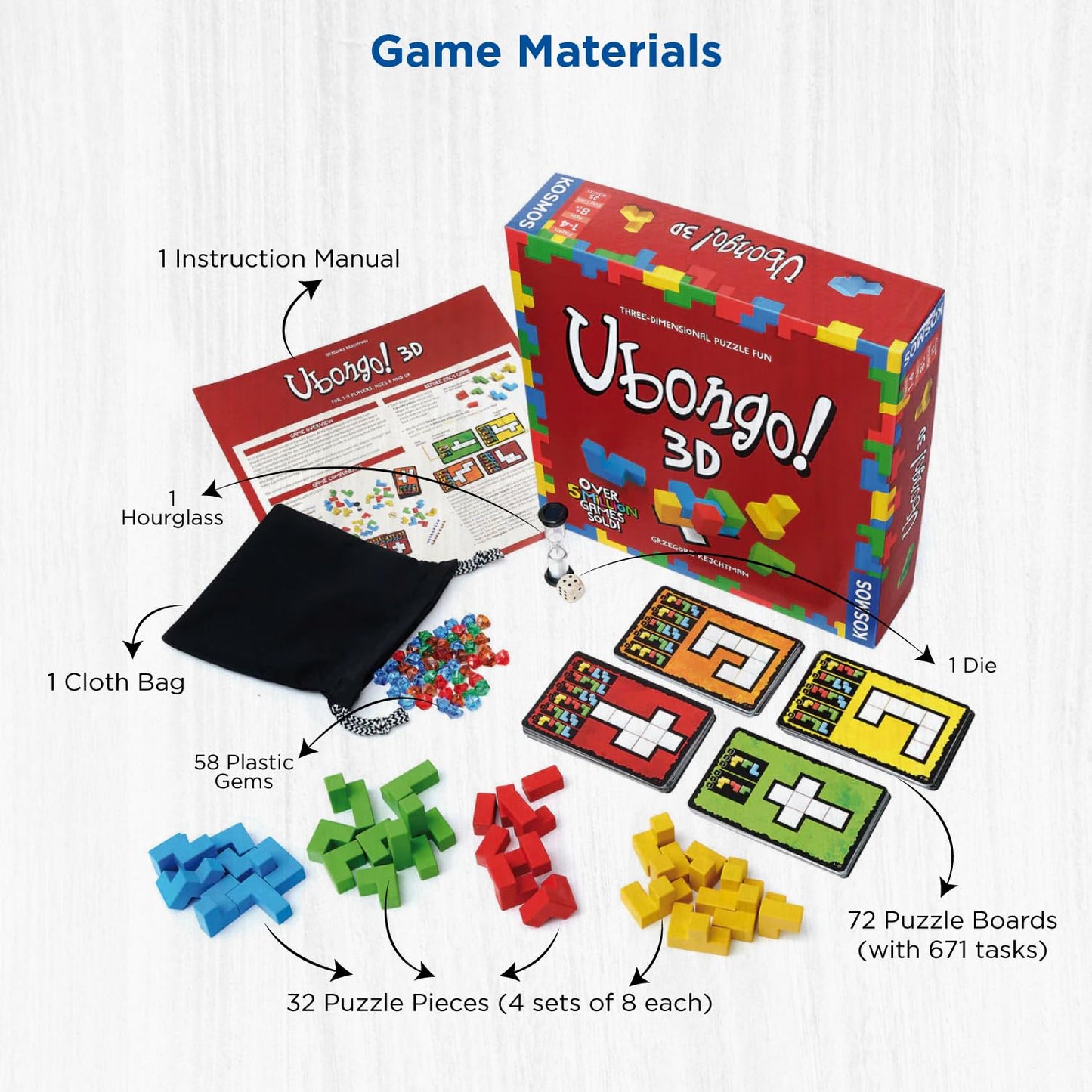 Thames & Kosmos Ubongo 3D Game - Geometric Puzzle for 1-4 Players, Ages 8+, Cardboard, Multi-Color, Model 694258