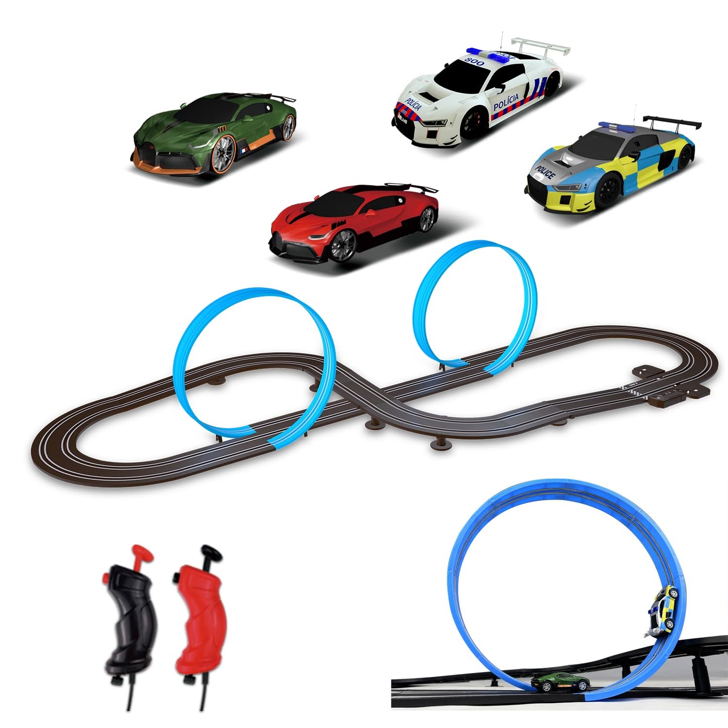 Agm Mastech Slot Car Race Track Set, High Speed Series Tram Dual Track Set With 4 Licensed Racing Slot Cars, 2 Hand Controls, Track Parts And Lap Counter, 5.7M Long Track, Black
