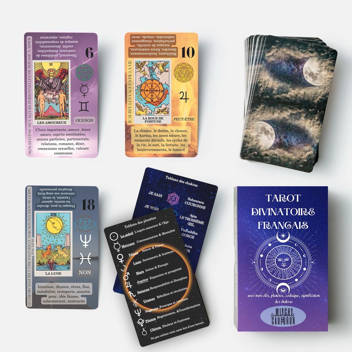 Witchy Cauldron Tarot Cards for Beginners, Medium Size, Black/White/Gold, Paper Deck with Guidebook (French)