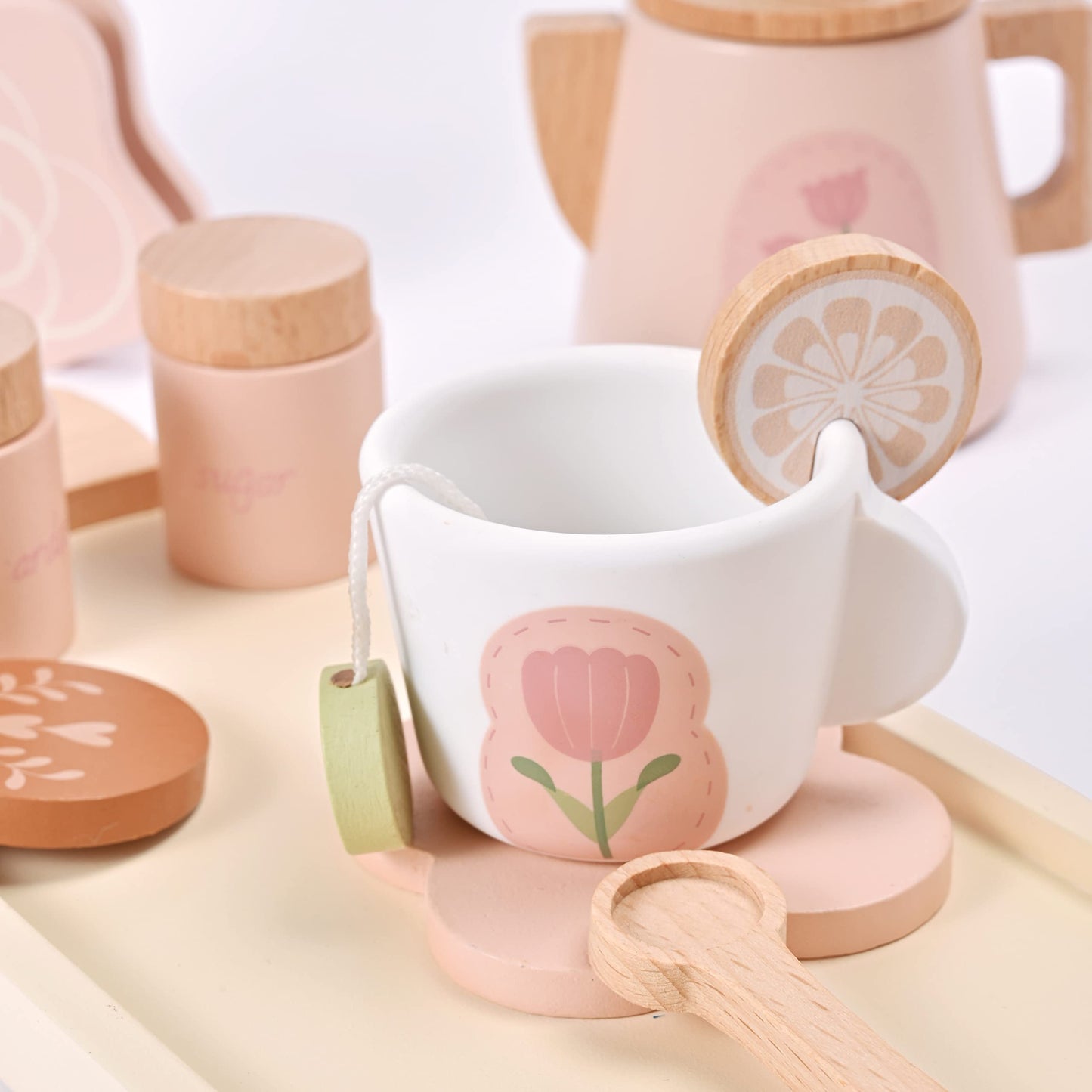 MONT PLEASANT Wooden Tea Set for Little Girls, Wooden Toys, Toddler Tea Set Toy, Play Kitchen Accessories Set, Montessori Toys,