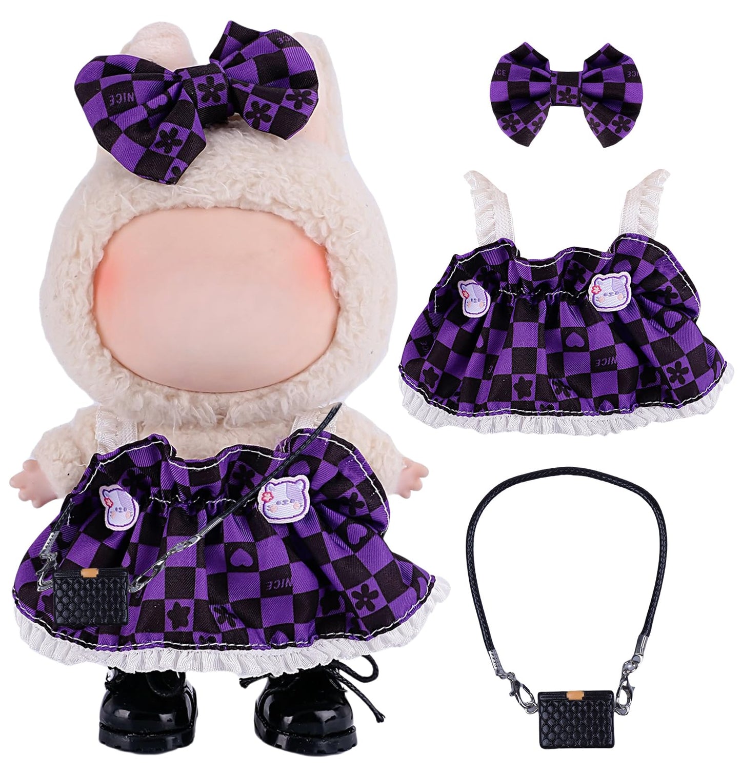 3pcs 15cm/17cm Doll Clothes Set for Dolls (No Doll)  Stylish Outfits Accessories  Plaid Dress for Girls Boys Collectors with Bow  Handbag (Purple) AK055PR