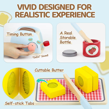 Airlab Play Kitchen Accessories Toddlers 1-3 Wooden Pop-up Toaster Toy Play Food Kids Age 1 2 3, Bread, Butter, Poached Egg Cutt