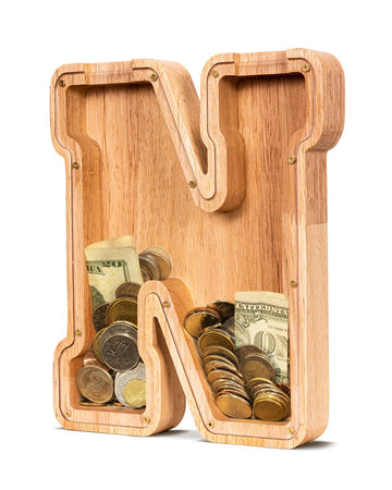 Summidate Wooden Letter Piggy Bank| Piggy Bank For Boys Girls Toddler| Alphabet N Money Bank| Coin Bank Birthday Gift For Kids|2024 Graduation Money Box (N)