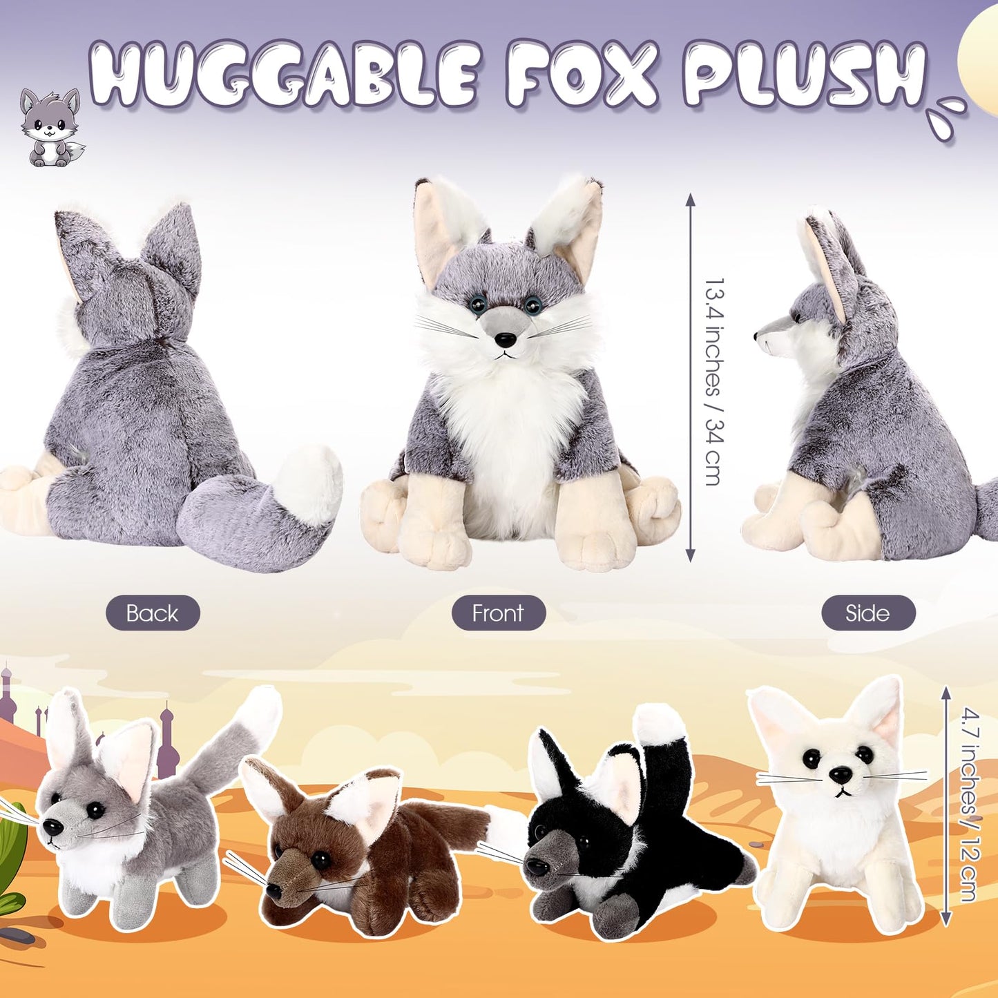 HyDren Fennec Fox Stuffed Animal Set - 5 Pcs Plush Toys, Gray, Sitting, PP Cotton, Perfect for Gifts and Decor