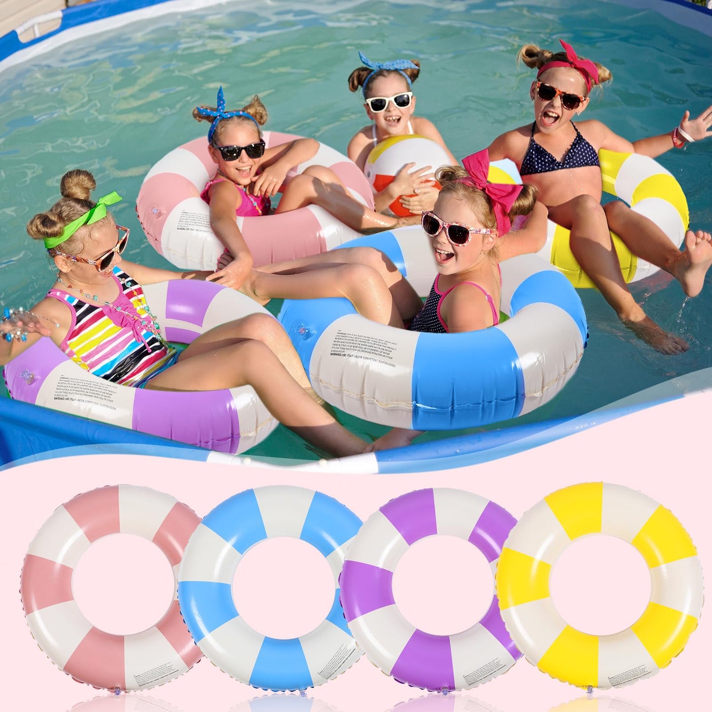 Wettarn 4 Pcs Pool Tubes with Fun Prints Inflatable Floats Swimming Toys Classic Striped Inner Tubes for Pool Bachelorette Floaties for Summer Beach Party Decor Supplies(Stylish Style Age 5-9)