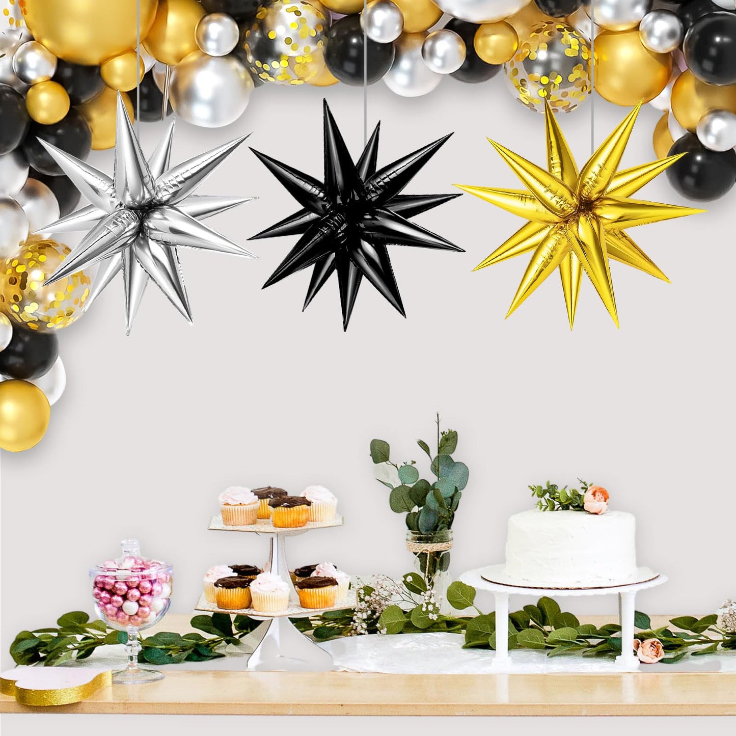 Black Gold Silver Metallic Star Balloons, 36 Pcs Big 25 In Explosion Star Foil Balloons, Starburst Cone Mylar Balloons, Spike Ba