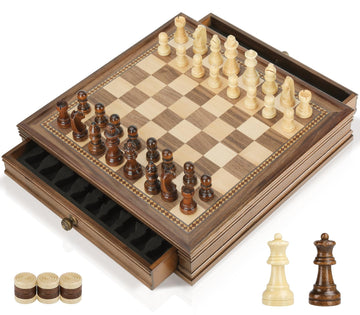 Peradix Magnetic Chess Checkers Board Sets With 2 Built-In Storage Drawers,12.8' Classic 2 In 1 Wooden Games With 2 Extra Queens For Kids And Adults,Travel Portable Chess Game Set
