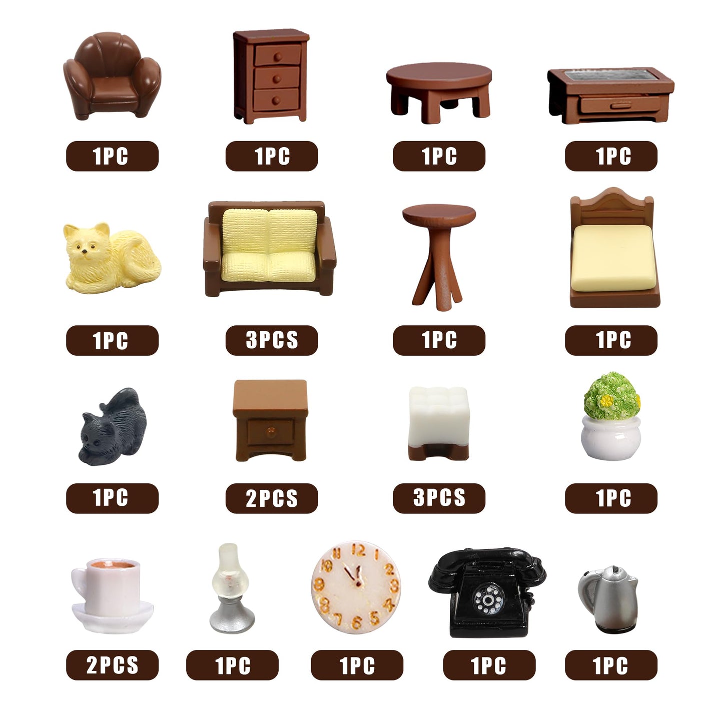 23Pcs Brown Dollhouse Mini Furniture Kit Decoration Diy Accessories Including Dining Room Sitting Living Bedroom Set Toys For Ba