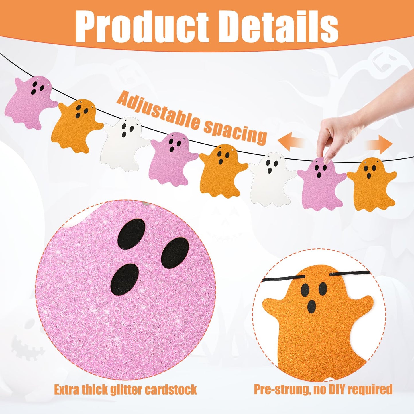 2pcs Halloween Hanging Ghost Banners, Glitter Ghost Cardstock Halloween Party Decorations for Indoor Outdoor Haunted Houses Wall
