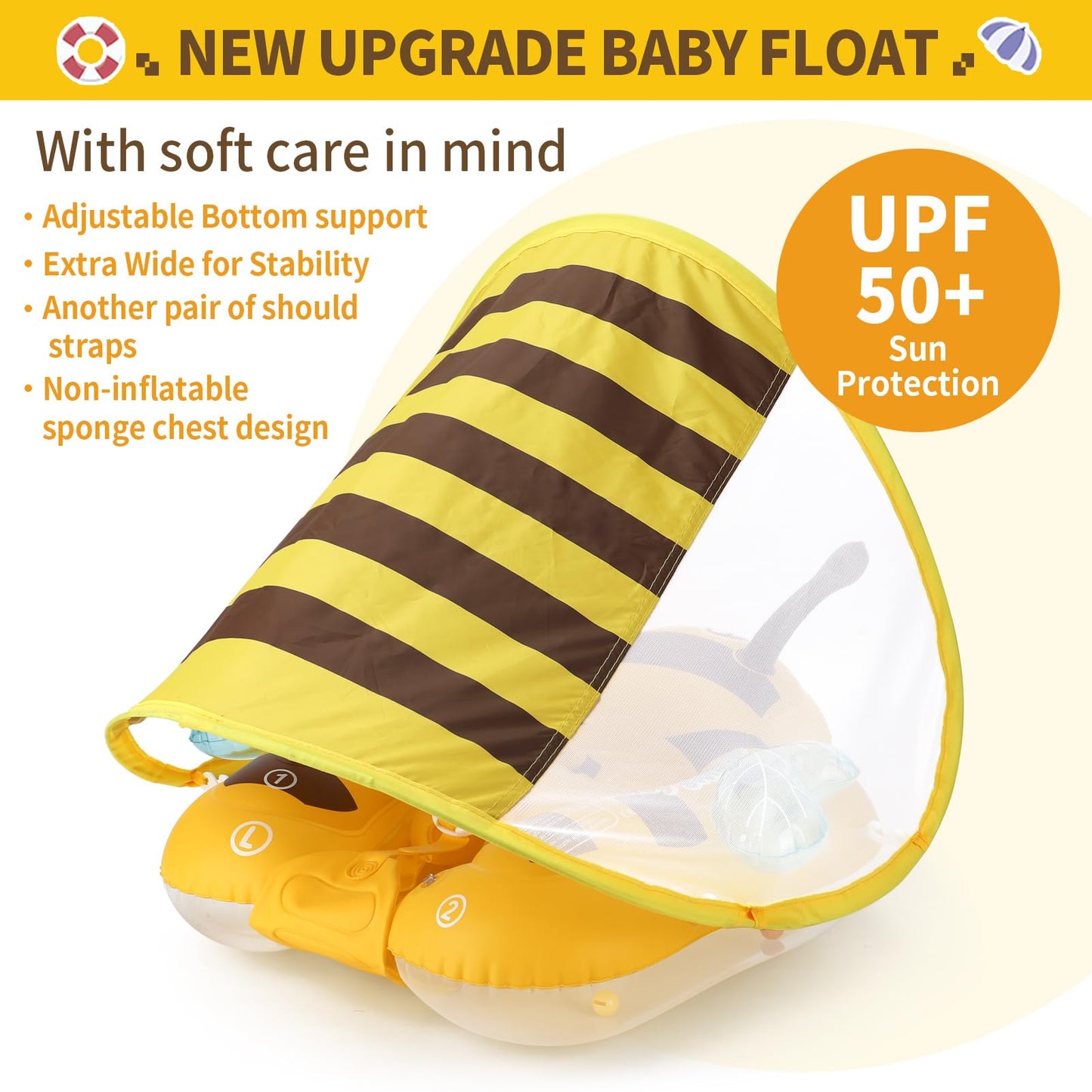 Free Swimming Baby Inflatable Baby Pool Float Ring Size Improved Bumble Bee Toddler Swim Trainer for Age of 3-36 Months (Yellow  Large)