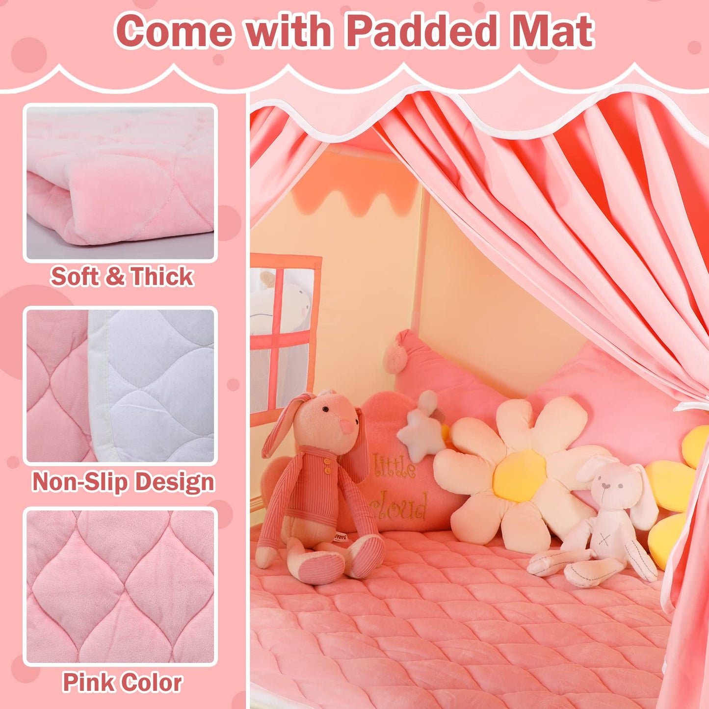Wilwolfer Kid Tent With Mat, Star Lights - Kids Play Tents For Toddlers Kids Tents Indoor Playhouse - Princess Tent For Girls Toy House Gift (Pink With Cloth)