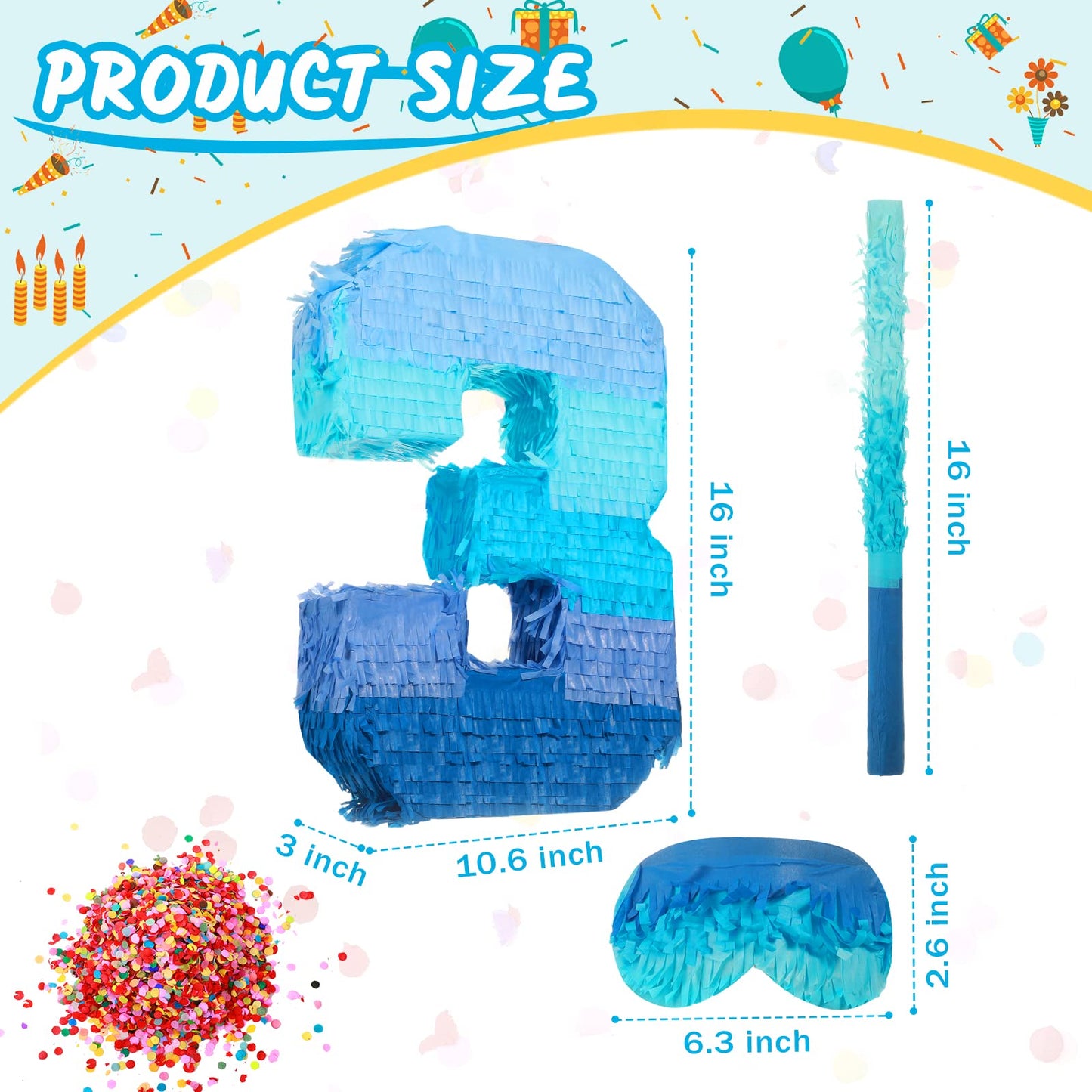 Sratte Number 1 2 3 4 5 6 7 8 9 Piata with Stick Blindfold Confetti, Gradient Blue Piata for Kids Boys Girls Birthday Party Anni