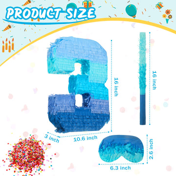 Sratte Number 1 2 3 4 5 6 7 8 9 Piata with Stick Blindfold Confetti, Gradient Blue Piata for Kids Boys Girls Birthday Party Anni