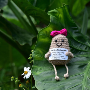 Qyqkfly 1 Pcs Positive Mini Funny Potato Holding Card Crochet Easter Birthday Christmas Mom Dad Sister Friend Wife Husband Colleauge College Students Coworkes Cheer Up Gift Decor