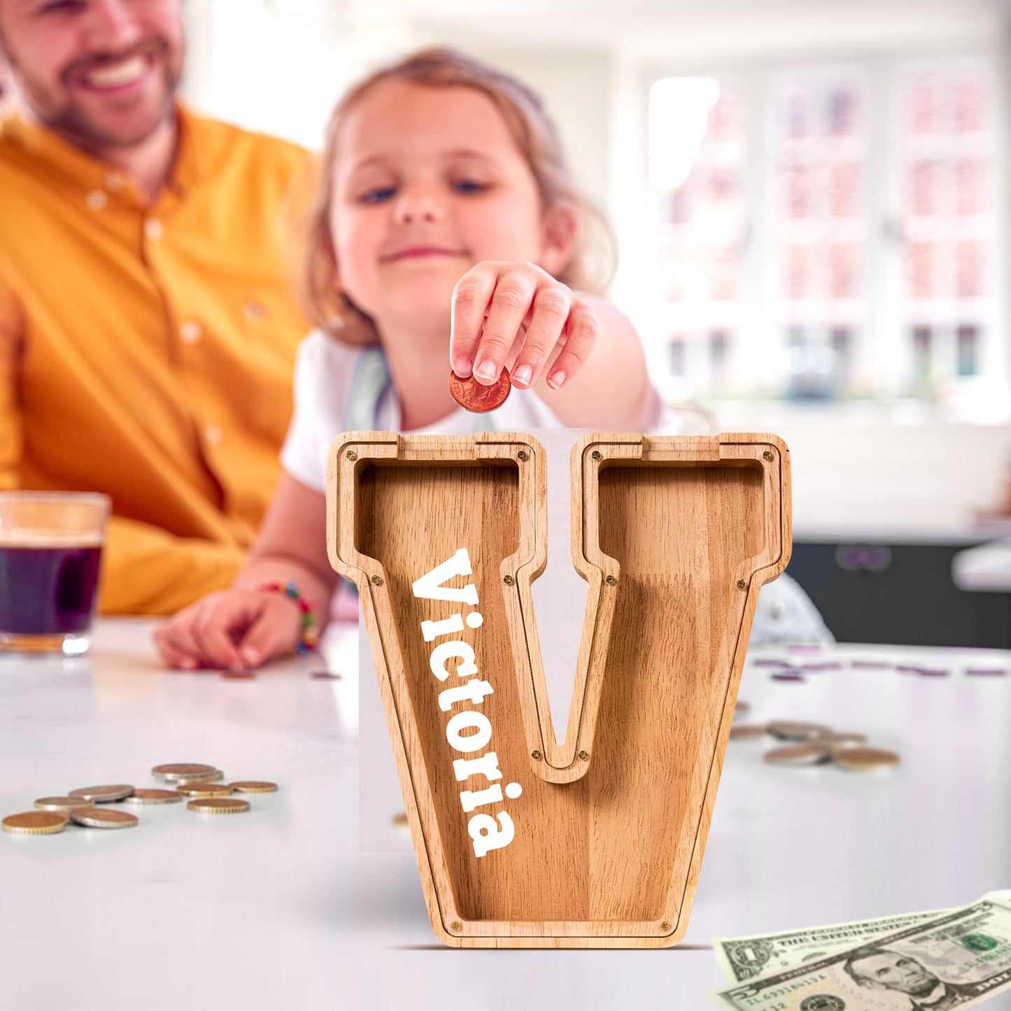 ELX Wooden Piggy Bank for Kids Boys  Personalized Letter Money Bank  Safe & Durable Savings Box for Toddlers Girls  Gifts for Birthday Holiday Christmas