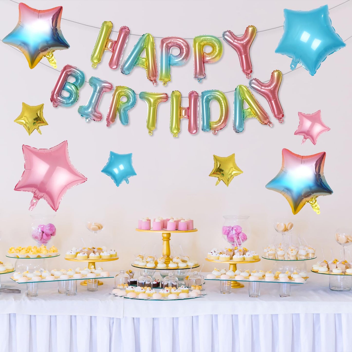 Happy Birthday Balloons Banner, Rainbow Happy Birthday Foil Balloons 16 Inch Mylar Foil Letter Balloons With 8 Pcs Gradient Blue