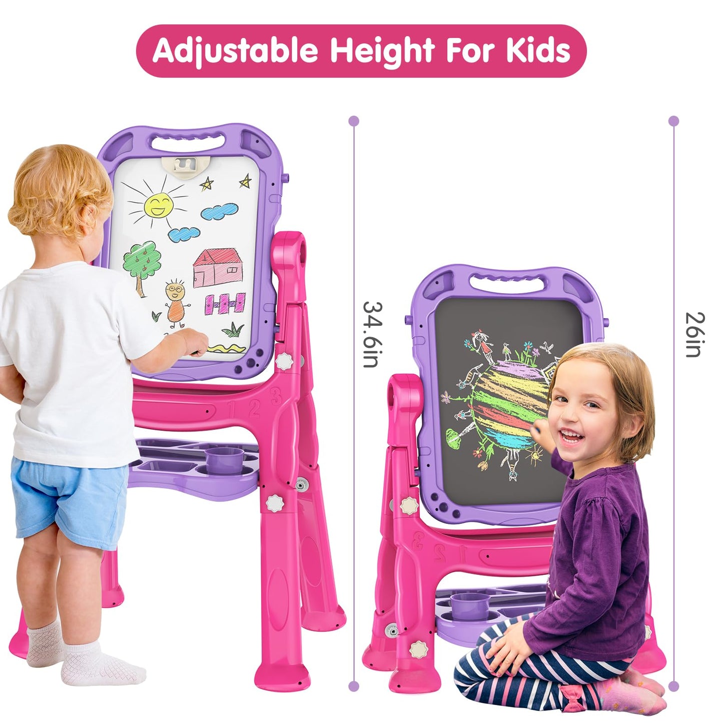 Amagoing Easel For Kids, Adjustable Standing Art Easel For Toddler, Double Drawing Board With Painting Accessories, Birthday Chr