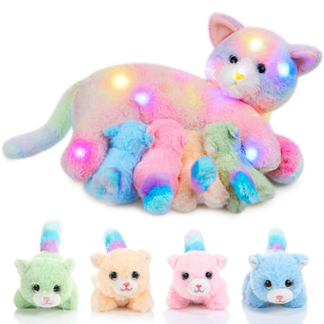 Skylety Nurturing Cat Stuffed Animal With 4 Plush Kittens, Cat Baby Stuffed For Girls And Boys Plushy Mommy Kitty With Baby Kittens For Birthday Party Favors Gifts(Led Style)