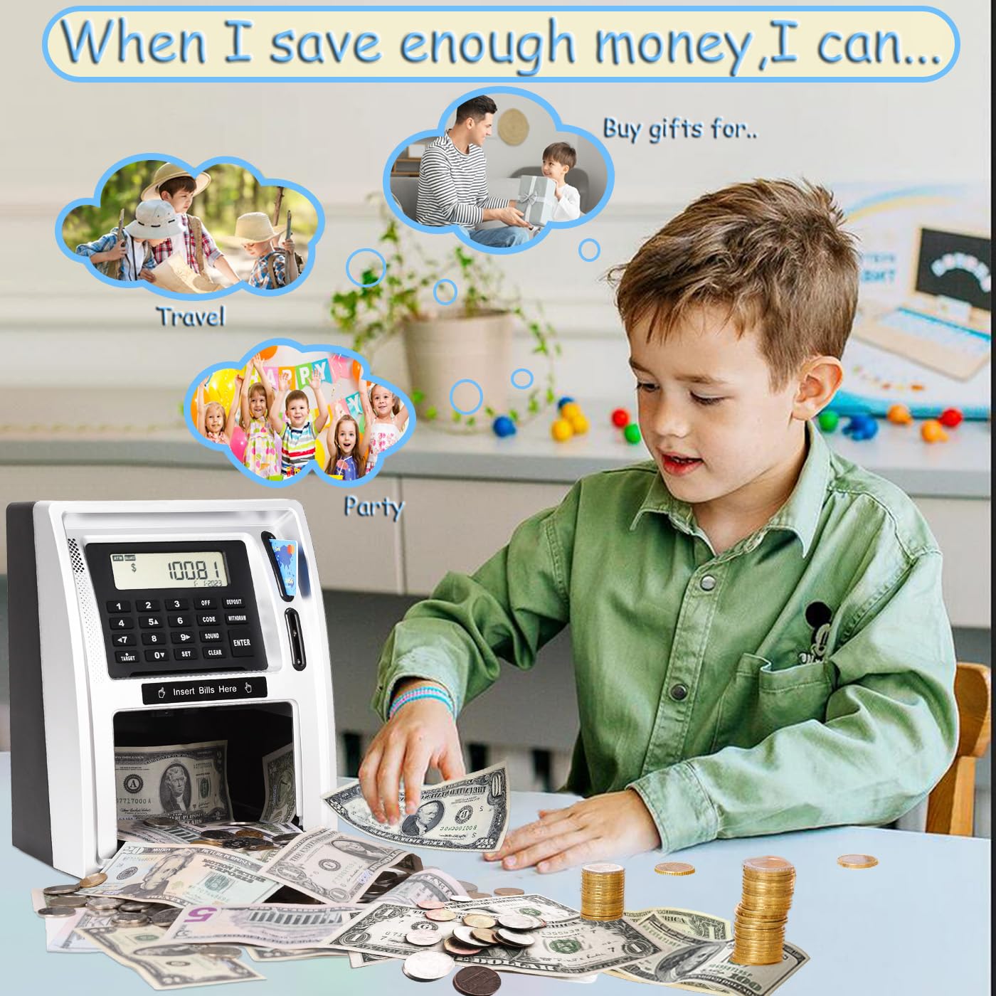 2025 Upgraded Atm Piggy Bank For Real Money, Talking Atm Bank For Kids, Money Bank With Card, Password, Coin Recognition, Bill F
