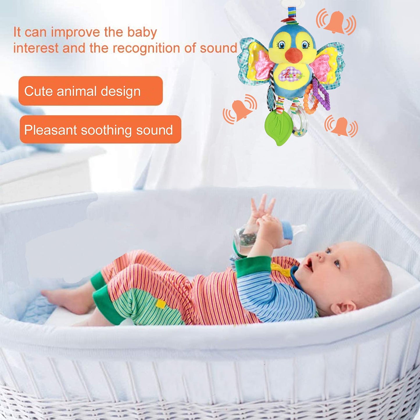 Funsland Baby Stroller Toy - Soft Plush Infant Rattle with Teether, Medium, Birdie Color, Model crwj, Suitable for 3-12 Months Boys & Girls