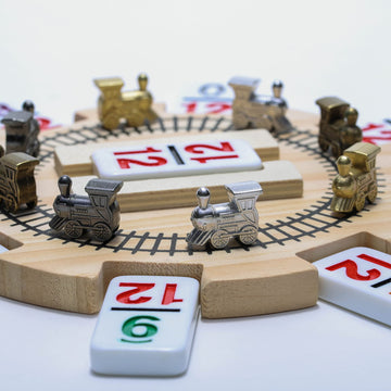 RNK Gaming Mexican Train Dominoes Set Double 12 with Wooden Hub, 8 Metal Trains, Multicolor, Aluminum Case