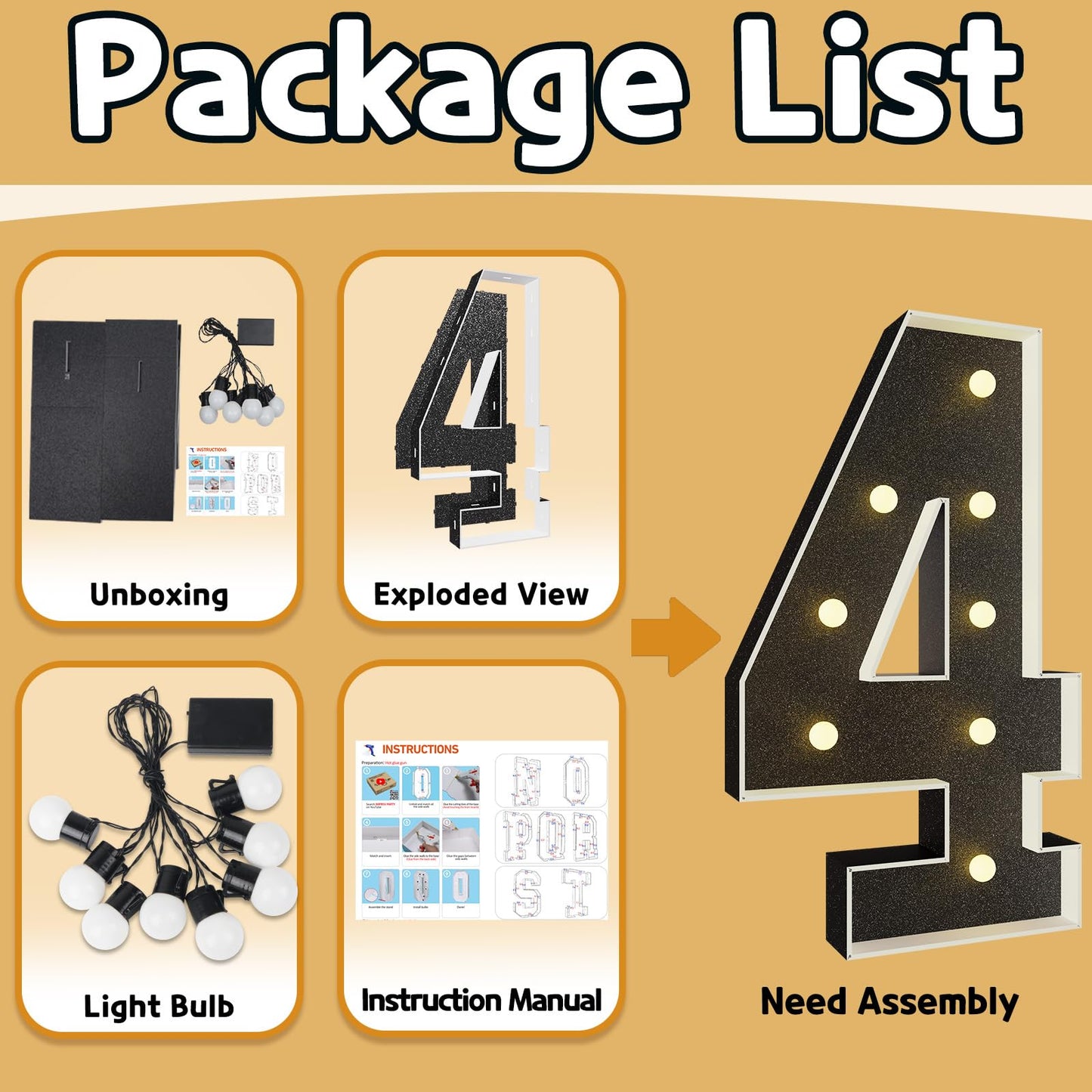 Imprsv Marquee Numbers Black 3Ft: Black Party Decor - Light Up Number 4 Large 3 Feet Tall - Birthday Decorations For Him Her 4Th