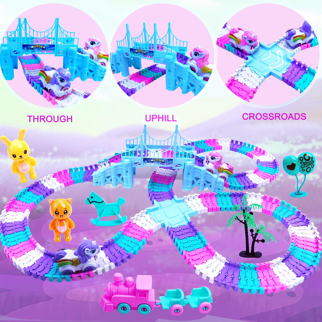 Yomwet Tracks Car Toys Set - 248 PCS Bendable Race Track, Unicorn Car & Pink Train - Large, Pink - Ideal Birthday Gift for Toddler Girls