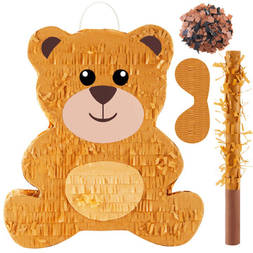 Lewtemi 14.5 Inch Bear Piñata Bear Themed Birthday Party Supplies Animal Piñata With Wood Bat Stick, Paper Blindfold And Confetti For Valentine'S Day Baby Shower Party Decor Kid Adult Boy Girl