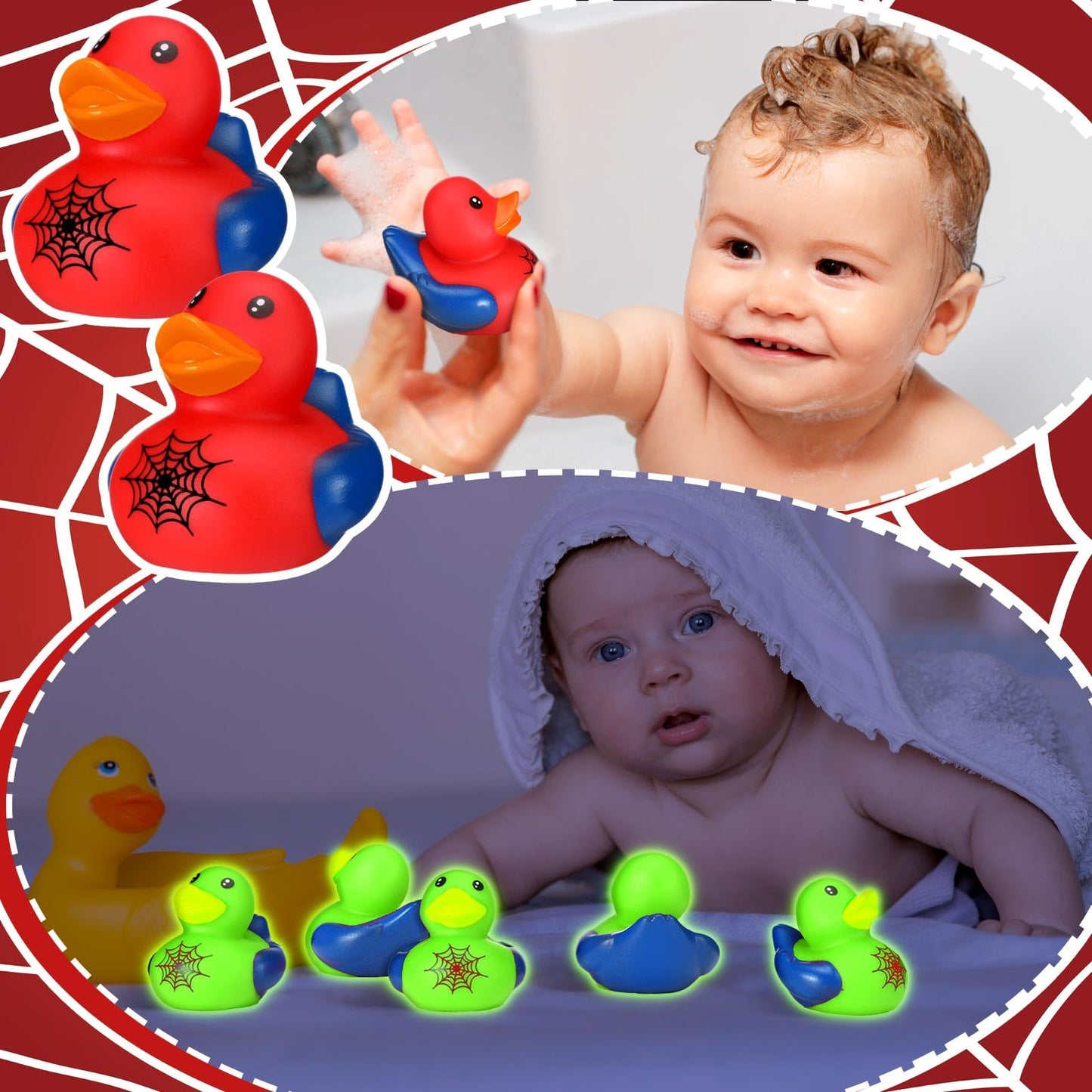 Leyndo 24 Pcs Glow in The Dark Spiderweb Rubber Duck Bulk Spiderweb Birthday Party Decoration Favors Squeaky Red Blue Duck for Bathtub Floating Pool Gifts Party Supplies