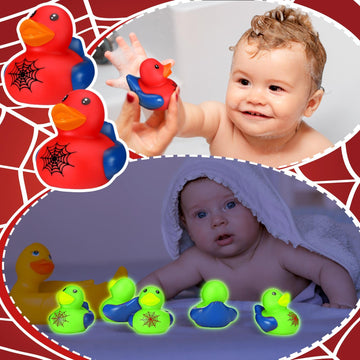 Leyndo 24 Pcs Glow in The Dark Spiderweb Rubber Duck Bulk Spiderweb Birthday Party Decoration Favors Squeaky Red Blue Duck for Bathtub Floating Pool Gifts Party Supplies