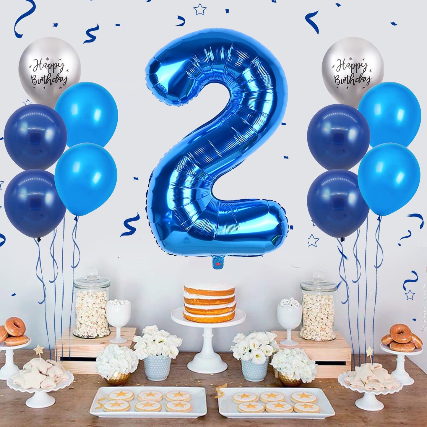 40 Inch Blue Number 2 Balloon, 2Nd Birthday Balloons, 11Pcs Silver Birthday Print Balloons Dark Light Blue Latex Balloons 2 Foil