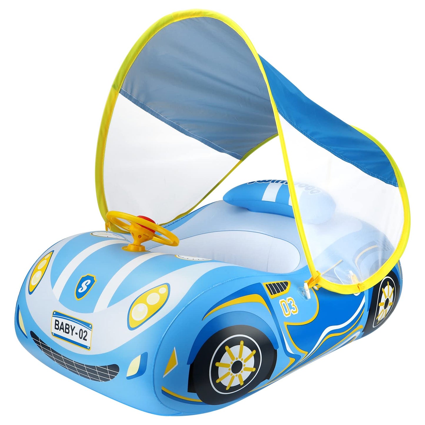 Toddler Pool Float with UPF50+ Adjustable Canopy Car Shaped Baby Swimming Float Infant Baby Floatie Boat for Kids 3+ Years(Blue Car)