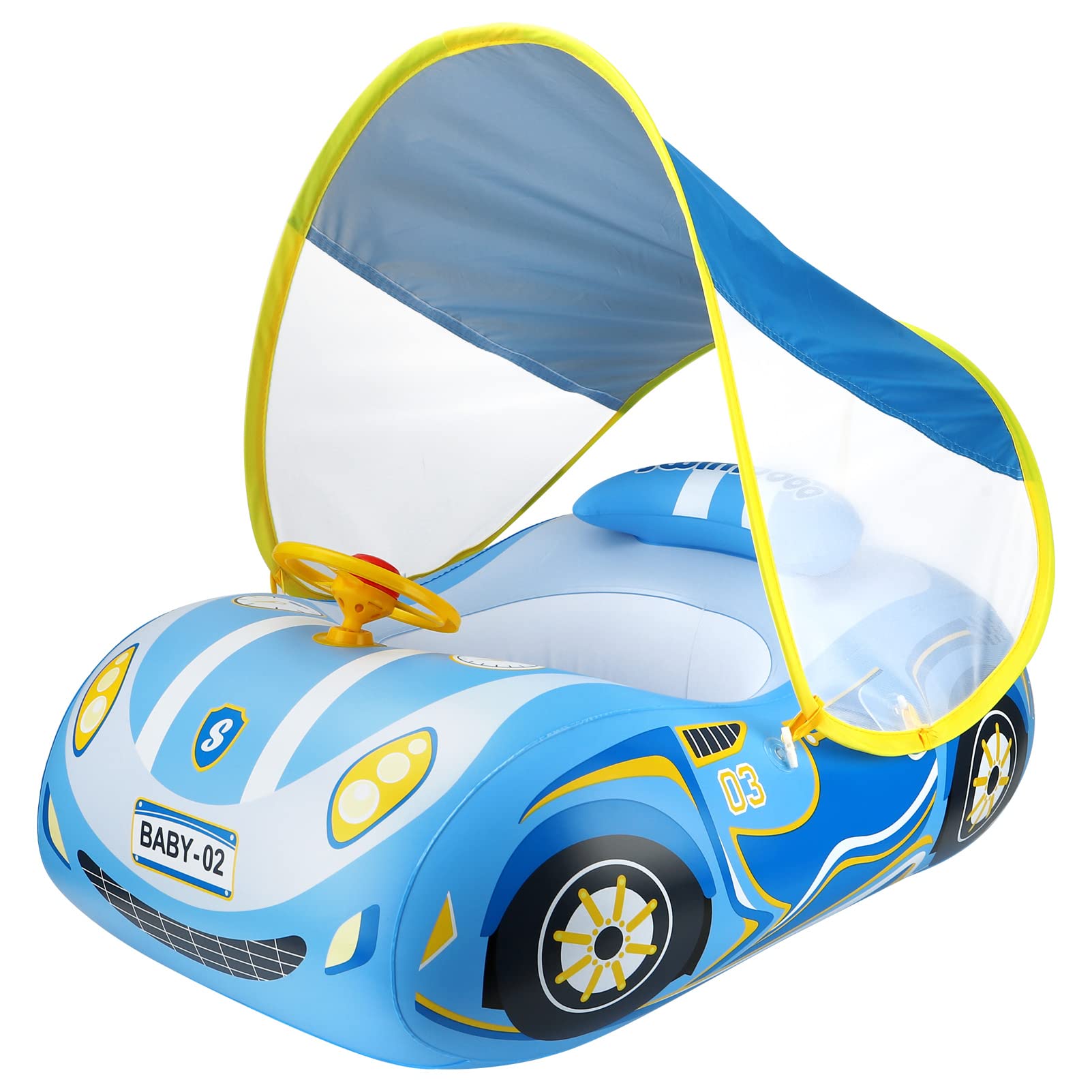 Toddler Pool Float with UPF50+ Adjustable Canopy Car Shaped Baby Swimming Float Infant Baby Floatie Boat for Kids 3+ Years(Blue Car)