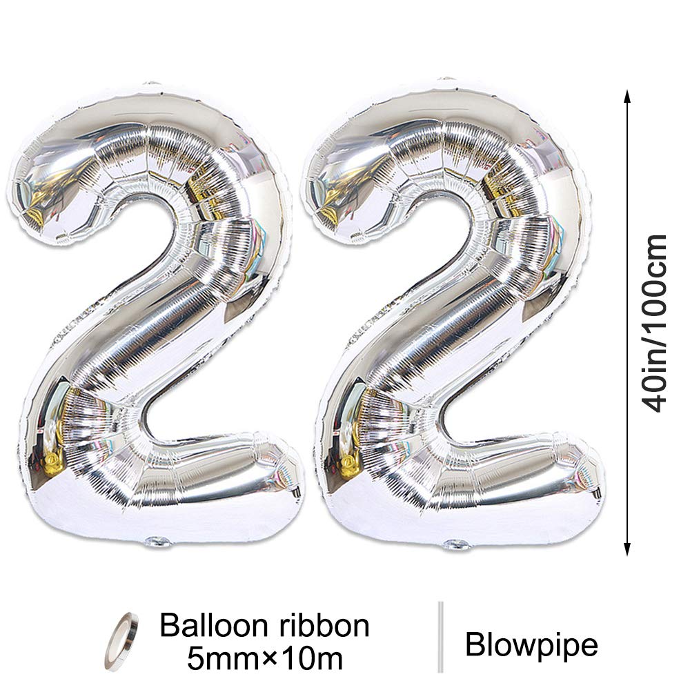 2Pcs 40 Inch Number Balloon Foil Balloons Number 22 Jumbo Giant Balloons Prom Balloon Mylar Huge Number Balloon For Birthday Party Decoration Wedding Anniversary, Xxxl Silver 22 Number Balloon