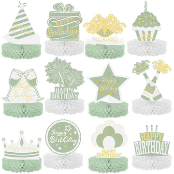 Sabary 12 Pcs Sage Green Birthday Centerpiece Sage Green Table Decoration Happy Birthday Desktop Decoration Honeycomb Centerpiec