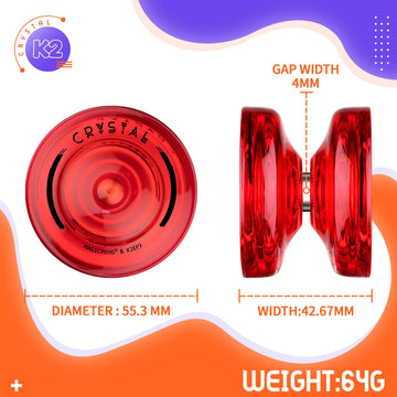 Professional Responsive Yoyo K2 Crystal, Dual Purpose Plastic Yoyo For Kids Beginner, Replacement Unresponsive Bearing For Advanced Yoyo Players + Removal Tool + 12 Yoyo Strings + Yo Yo Bag(Red)
