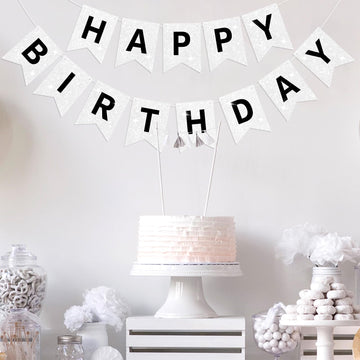 White Happy Birthday Banner Glitter Birthday Sign For Backdrop White Birthday Decorations For Kids Men Women Baby 1St Birthday Tea Party Bunting Banner Happy Birthday Garland